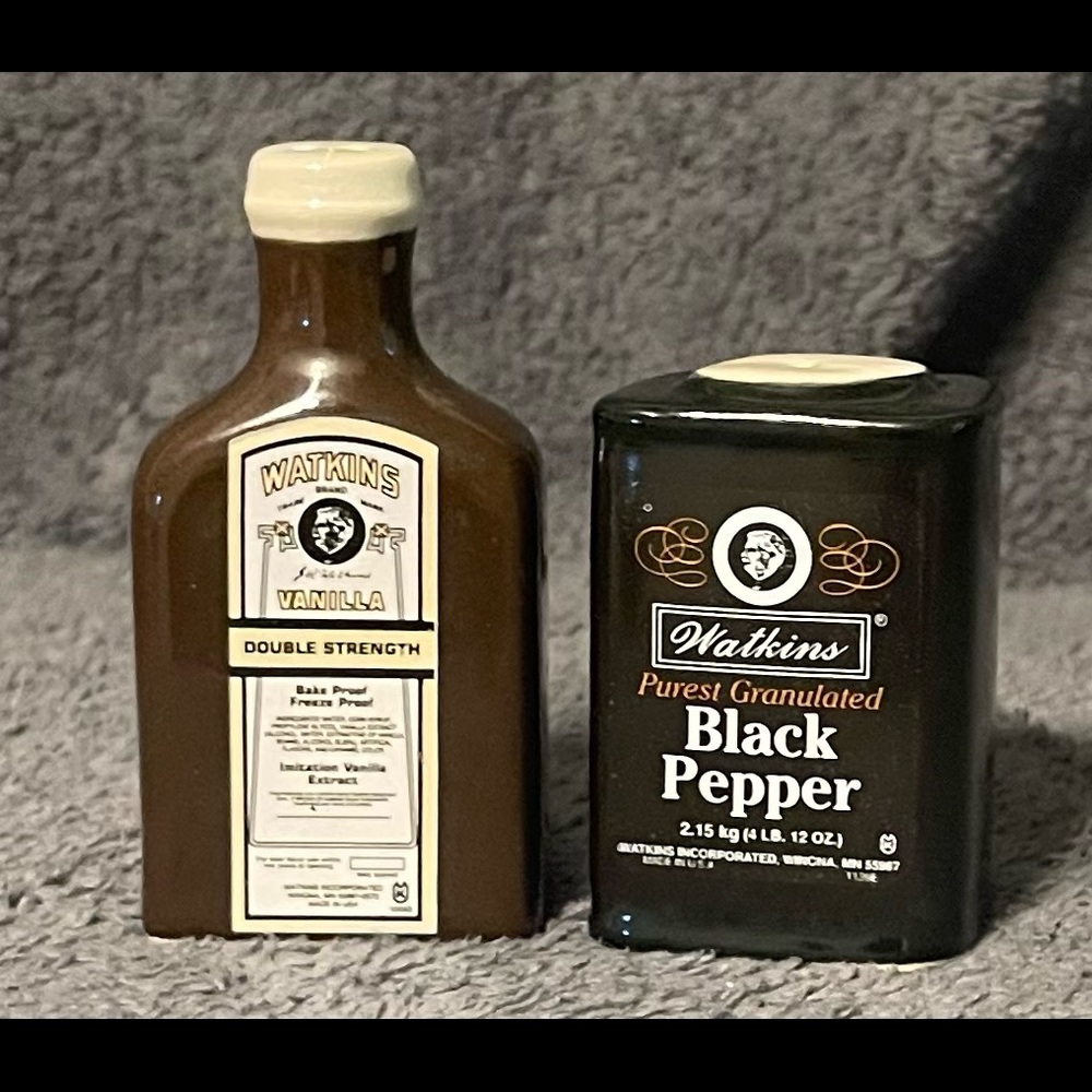 Vintage 1996 Watkins Vanilla Bottle and Pepper Can Salt and Pepper Shakers
